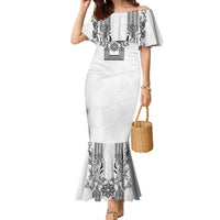 Philippines Barong Style Family Matching Mermaid Dress and Hawaiian Shirt with Polynesian Art and Leaf Motif Black-White Color LT03 Mom's Dress White - Polynesian Pride