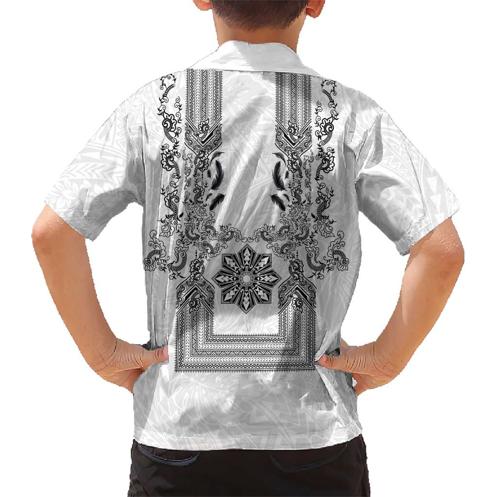 Philippines Barong Style Family Matching Off The Shoulder Long Sleeve Dress and Hawaiian Shirt with Polynesian Art and Leaf Motif Black-White Color LT03 - Polynesian Pride