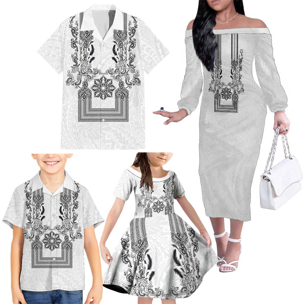 Philippines Barong Style Family Matching Off The Shoulder Long Sleeve Dress and Hawaiian Shirt with Polynesian Art and Leaf Motif Black-White Color LT03 - Polynesian Pride