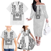 Philippines Barong Style Family Matching Off The Shoulder Long Sleeve Dress and Hawaiian Shirt with Polynesian Art and Leaf Motif Black-White Color LT03 - Polynesian Pride