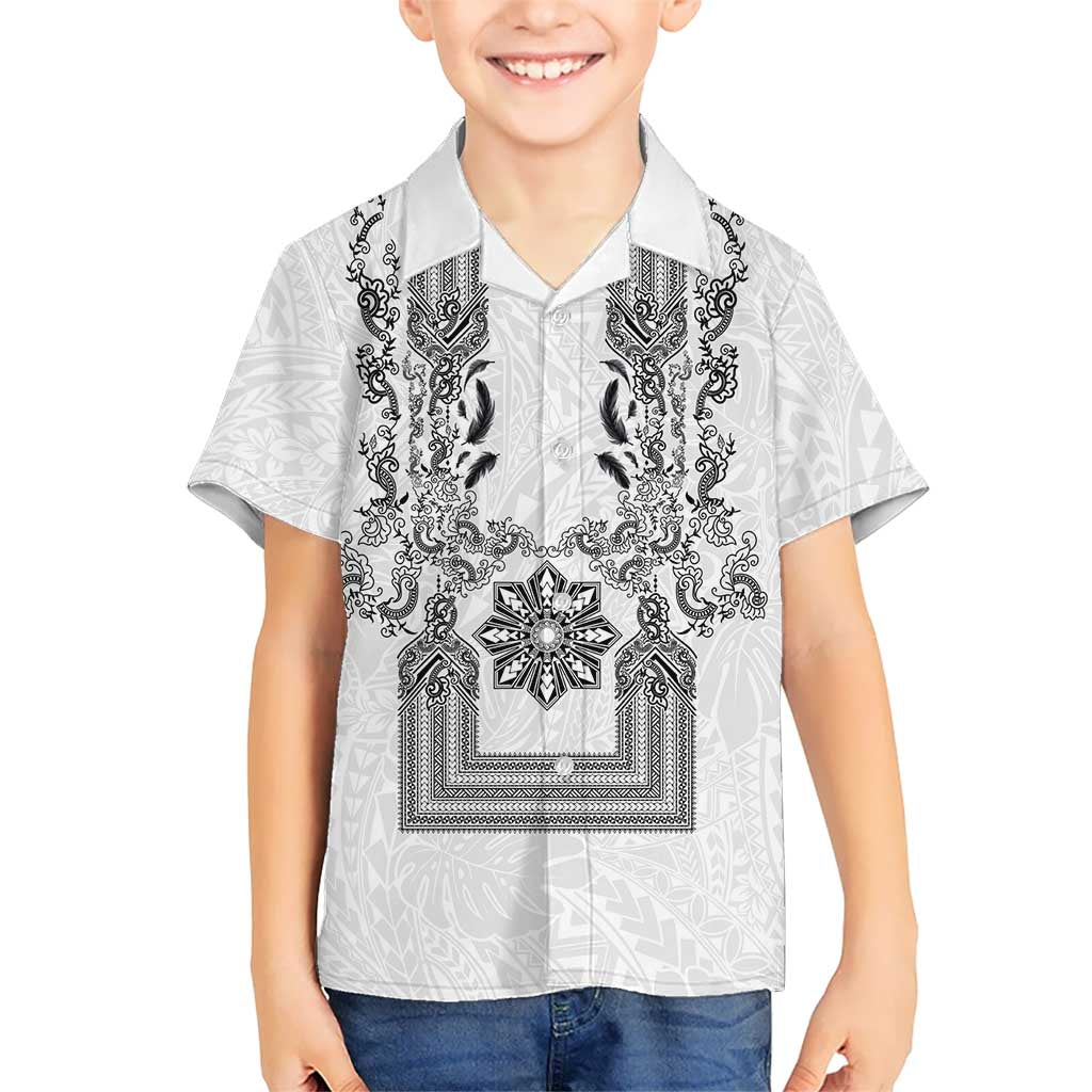 Philippines Barong Style Family Matching Off The Shoulder Long Sleeve Dress and Hawaiian Shirt with Polynesian Art and Leaf Motif Black-White Color LT03 Son's Shirt White - Polynesian Pride