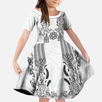 Philippines Barong Style Family Matching Off Shoulder Maxi Dress and Hawaiian Shirt with Polynesian Art and Leaf Motif Black-White Color LT03 Daughter's Dress White - Polynesian Pride
