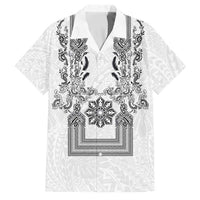 Philippines Barong Style Family Matching Off Shoulder Maxi Dress and Hawaiian Shirt with Polynesian Art and Leaf Motif Black-White Color LT03 Dad's Shirt - Short Sleeve White - Polynesian Pride