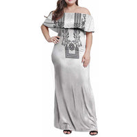 Philippines Barong Style Family Matching Off Shoulder Maxi Dress and Hawaiian Shirt with Polynesian Art and Leaf Motif Black-White Color LT03 Mom's Dress White - Polynesian Pride