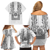 Philippines Barong Style Family Matching Off Shoulder Short Dress and Hawaiian Shirt with Polynesian Art and Leaf Motif Black-White Color LT03 - Polynesian Pride