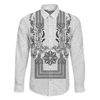 Philippines Barong Style Family Matching Puletasi and Hawaiian Shirt with Polynesian Art and Leaf Motif Black-White Color LT03 Dad's Shirt - Long Sleeve White - Polynesian Pride