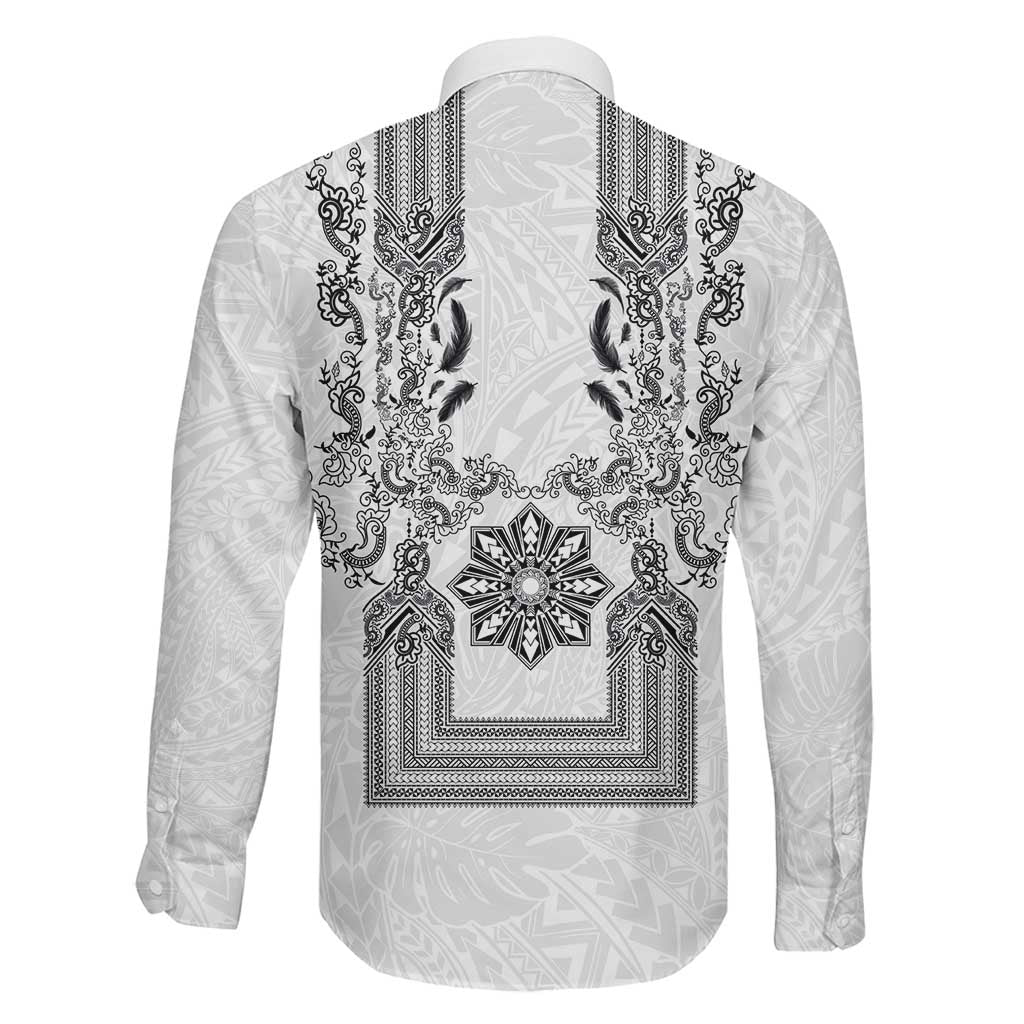 Philippines Barong Style Family Matching Puletasi and Hawaiian Shirt with Polynesian Art and Leaf Motif Black-White Color LT03 - Polynesian Pride