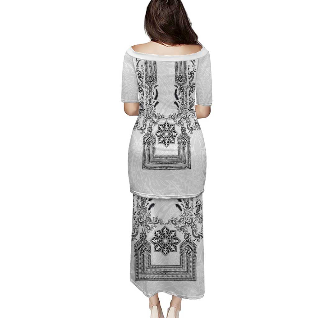 Philippines Barong Style Family Matching Puletasi and Hawaiian Shirt with Polynesian Art and Leaf Motif Black-White Color LT03 - Polynesian Pride