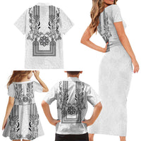 Philippines Barong Style Family Matching Short Sleeve Bodycon Dress and Hawaiian Shirt with Polynesian Art and Leaf Motif Black-White Color LT03 - Polynesian Pride