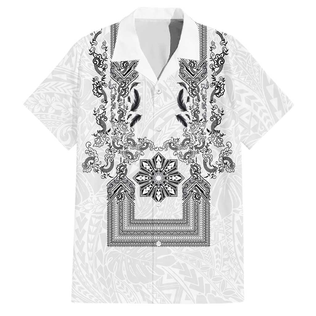 Philippines Barong Style Family Matching Short Sleeve Bodycon Dress and Hawaiian Shirt with Polynesian Art and Leaf Motif Black-White Color LT03 Dad's Shirt - Short Sleeve White - Polynesian Pride