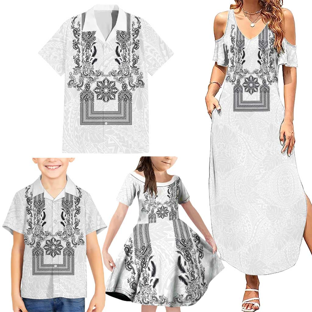 Philippines Barong Style Family Matching Summer Maxi Dress and Hawaiian Shirt with Polynesian Art and Leaf Motif Black-White Color LT03 - Polynesian Pride