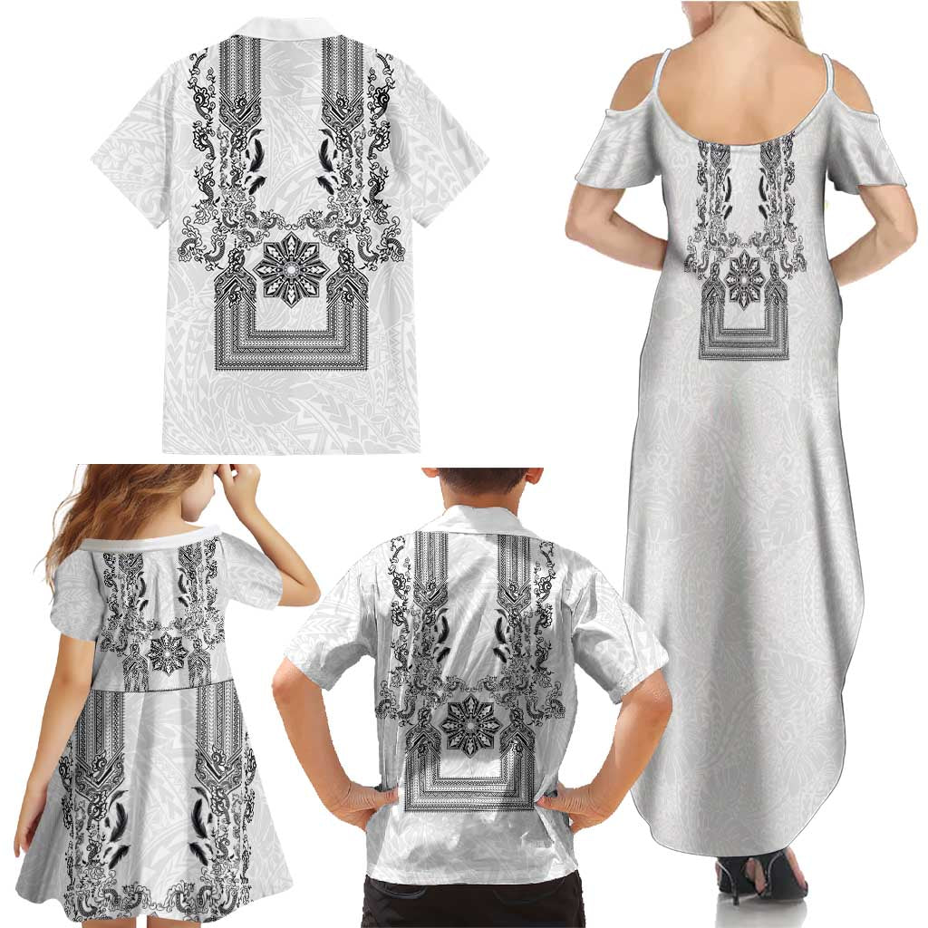 Philippines Barong Style Family Matching Summer Maxi Dress and Hawaiian Shirt with Polynesian Art and Leaf Motif Black-White Color LT03 - Polynesian Pride