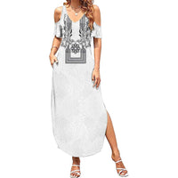 Philippines Barong Style Family Matching Summer Maxi Dress and Hawaiian Shirt with Polynesian Art and Leaf Motif Black-White Color LT03 Mom's Dress White - Polynesian Pride