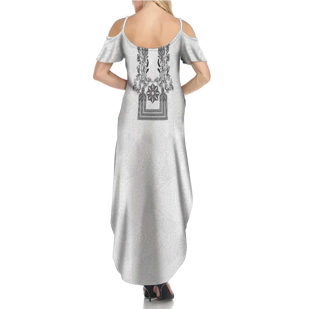 Philippines Barong Style Family Matching Summer Maxi Dress and Hawaiian Shirt with Polynesian Art and Leaf Motif Black-White Color LT03 - Polynesian Pride