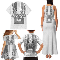 Philippines Barong Style Family Matching Tank Maxi Dress and Hawaiian Shirt with Polynesian Art and Leaf Motif Black-White Color LT03 - Polynesian Pride