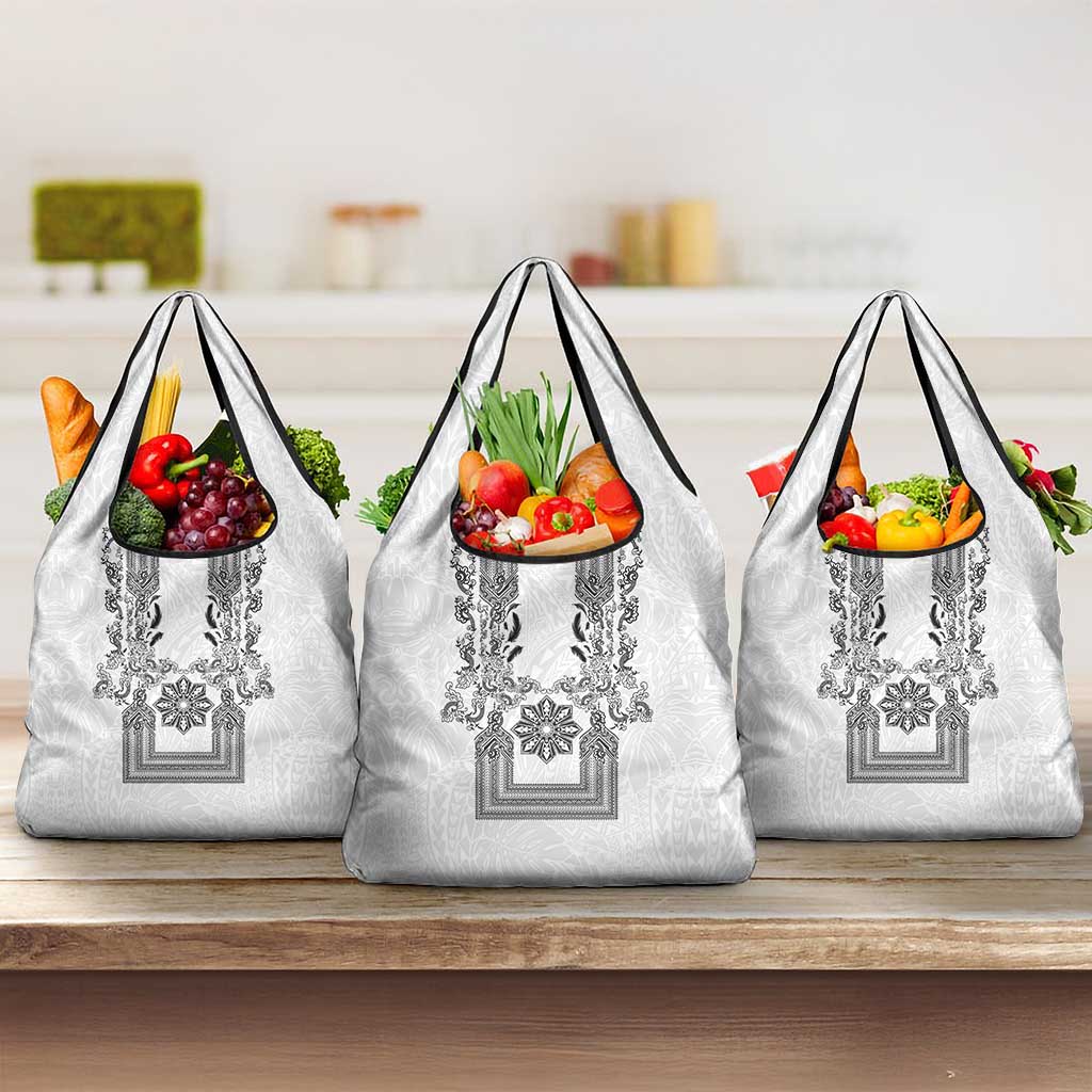 Philippines Barong Style Grocery Bag with Polynesian Art and Leaf Motif Black-White Color