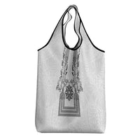 Philippines Barong Style Grocery Bag with Polynesian Art and Leaf Motif Black-White Color