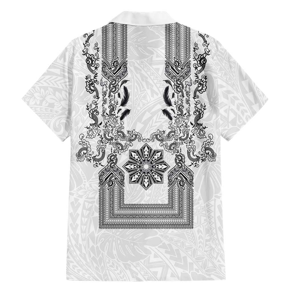 Philippines Barong Style Hawaiian Shirt with Polynesian Art and Leaf Motif Black-White Color
