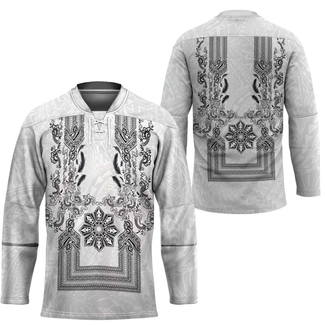 Philippines Barong Style Hockey Jersey with Polynesian Art and Leaf Motif Black-White Color