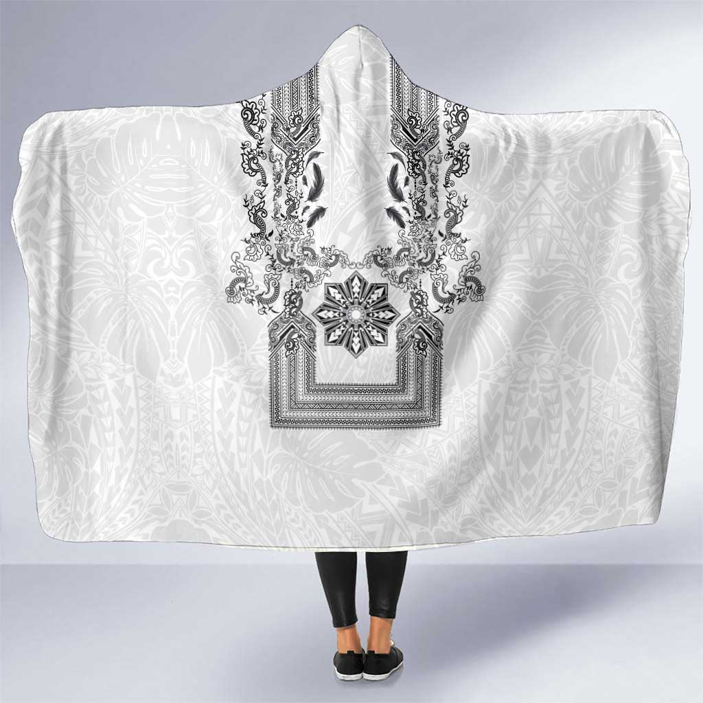 Philippines Barong Style Hooded Blanket with Polynesian Art and Leaf Motif Black-White Color