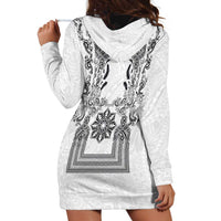 Philippines Barong Style Hoodie Dress with Polynesian Art and Leaf Motif Black-White Color