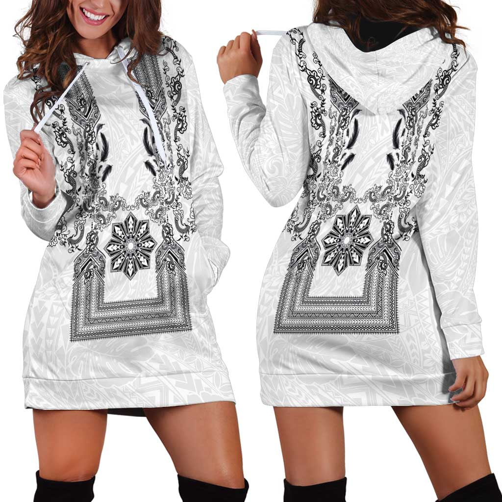 Philippines Barong Style Hoodie Dress with Polynesian Art and Leaf Motif Black-White Color