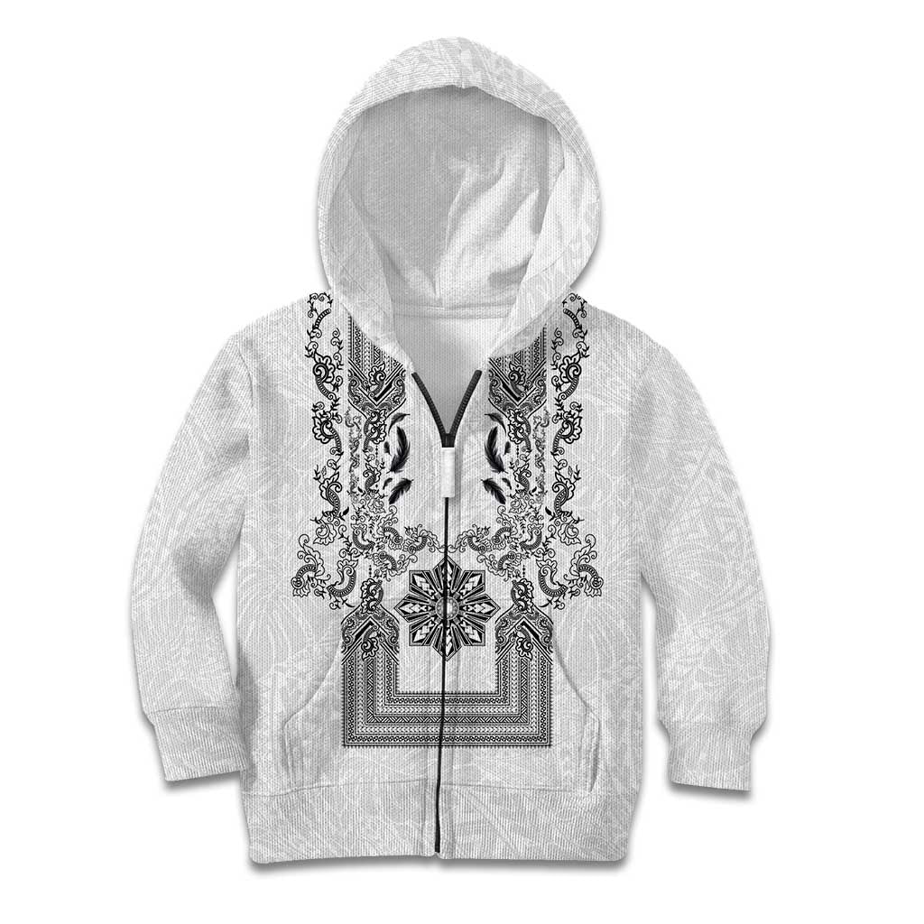 Philippines Barong Style Kid Hoodie with Polynesian Art and Leaf Motif Black-White Color