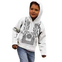 Philippines Barong Style Kid Hoodie with Polynesian Art and Leaf Motif Black-White Color