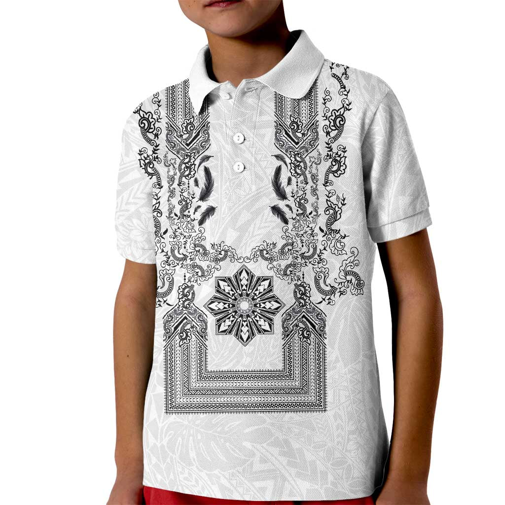 Philippines Barong Style Kid Polo Shirt with Polynesian Art and Leaf Motif Black-White Color