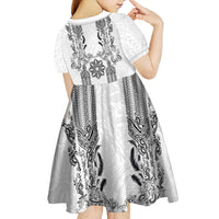 Philippines Barong Style Kid Short Sleeve Dress with Polynesian Art and Leaf Motif Black-White Color