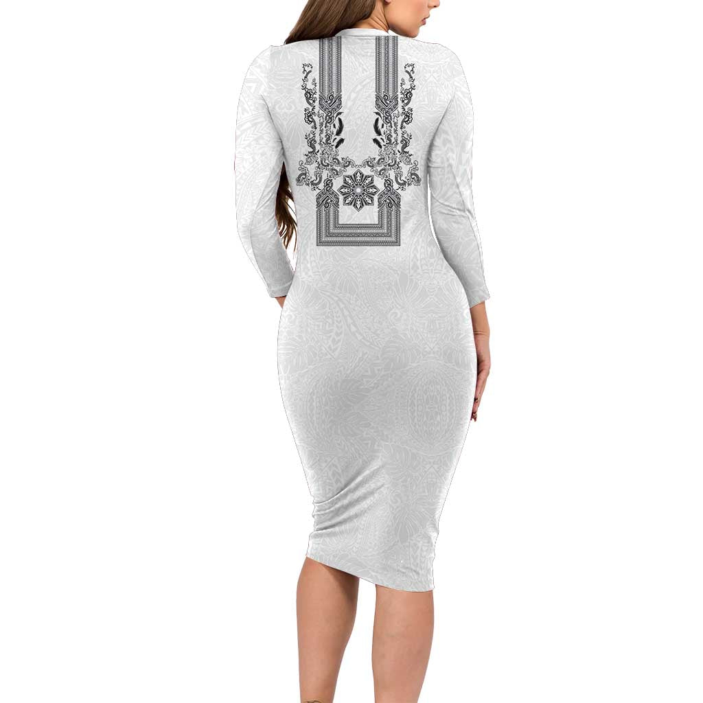 Philippines Barong Style Long Sleeve Bodycon Dress with Polynesian Art and Leaf Motif Black-White Color