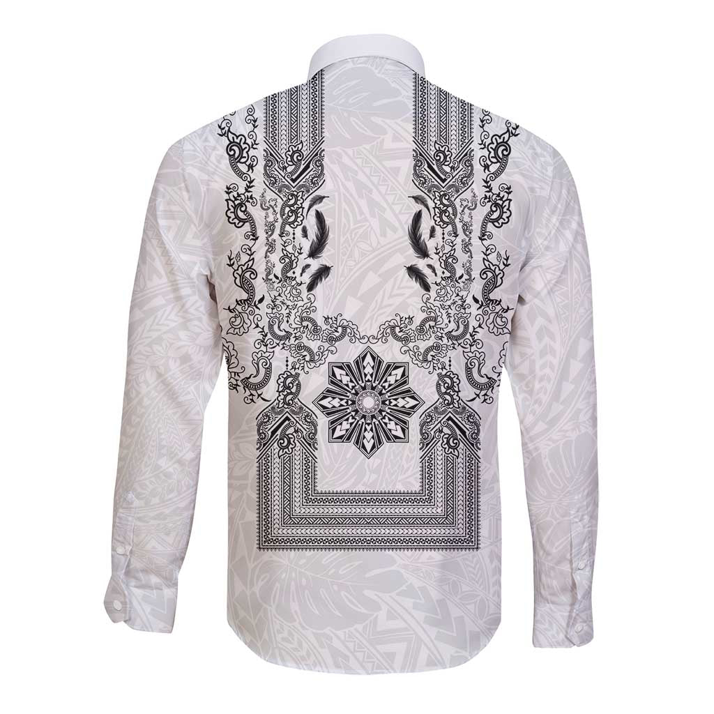 Philippines Barong Style Long Sleeve Button Shirt with Polynesian Art and Leaf Motif Black-White Color
