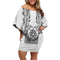 Philippines Barong Style Off Shoulder Short Dress with Polynesian Art and Leaf Motif Black-White Color