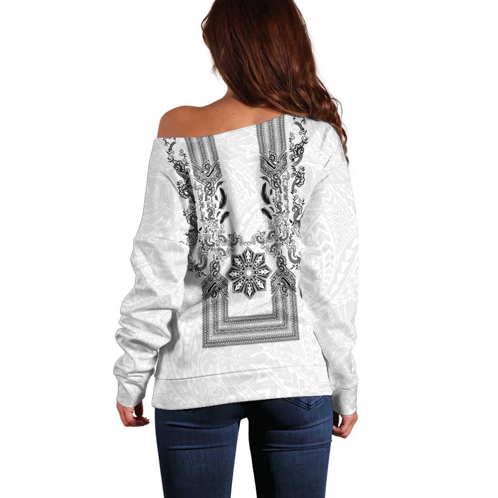 Philippines Barong Style Off Shoulder Sweater with Polynesian Art and Leaf Motif Black-White Color