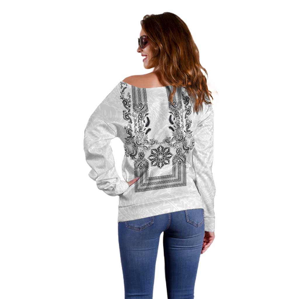 Philippines Barong Style Off Shoulder Sweater with Polynesian Art and Leaf Motif Black-White Color