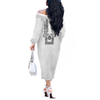 Philippines Barong Style Off The Shoulder Long Sleeve Dress with Polynesian Art and Leaf Motif Black-White Color