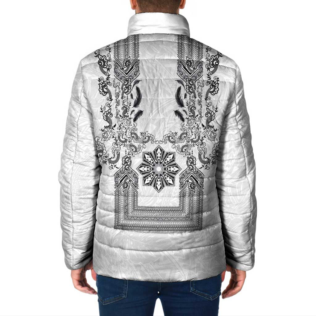 Philippines Barong Style Padded Jacket with Polynesian Art and Leaf Motif Black-White Color