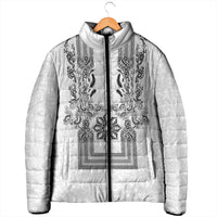 Philippines Barong Style Padded Jacket with Polynesian Art and Leaf Motif Black-White Color