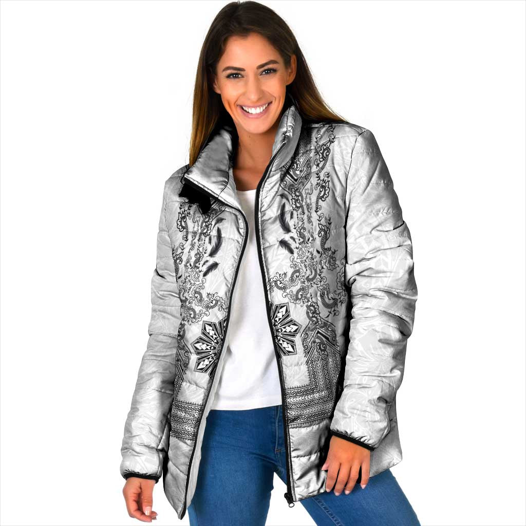Philippines Barong Style Padded Jacket with Polynesian Art and Leaf Motif Black-White Color