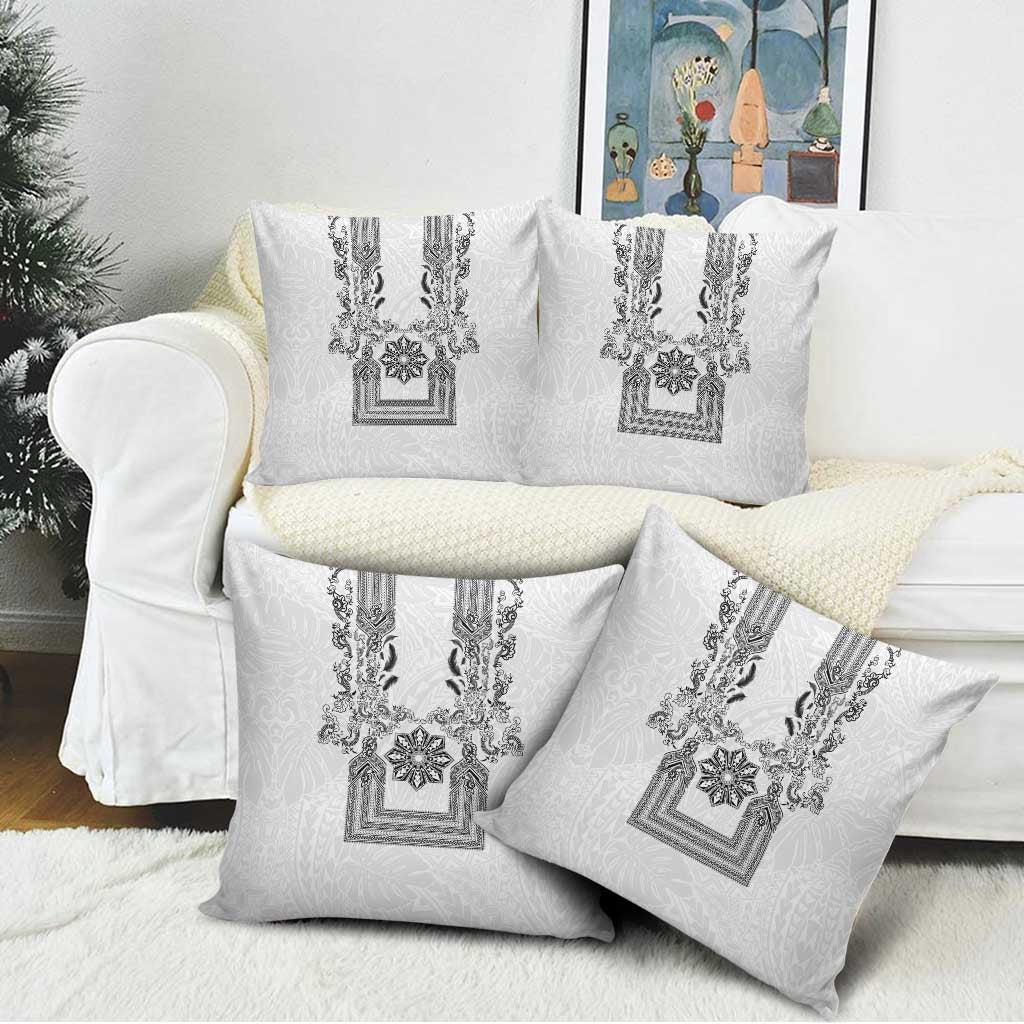 Philippines Barong Style Pillow Cover with Polynesian Art and Leaf Motif Black-White Color