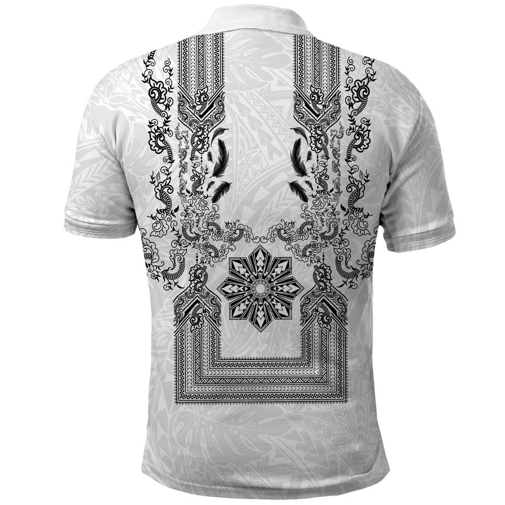 Philippines Barong Style Polo Shirt with Polynesian Art and Leaf Motif Black-White Color