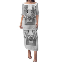 Philippines Barong Style Puletasi with Polynesian Art and Leaf Motif Black-White Color