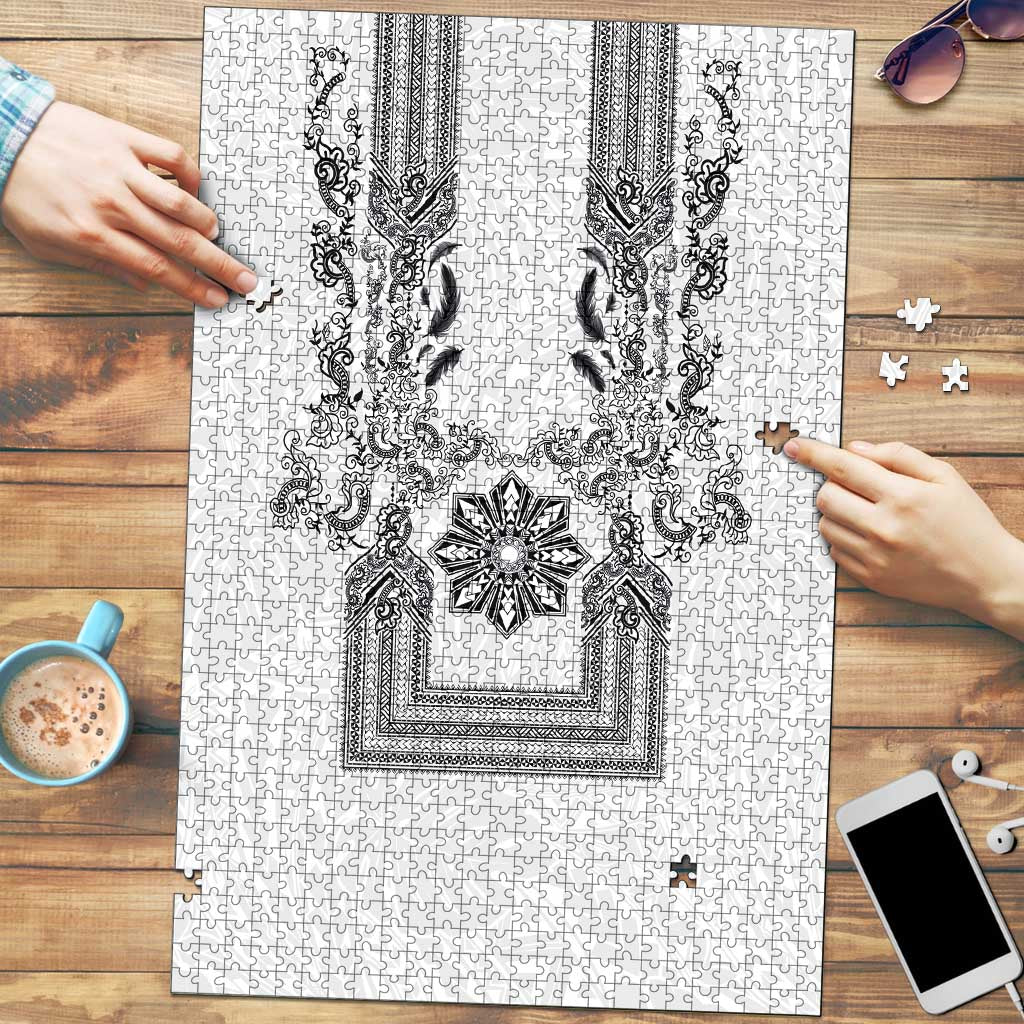 Philippines Barong Style Puzzle with Polynesian Art and Leaf Motif Black-White Color
