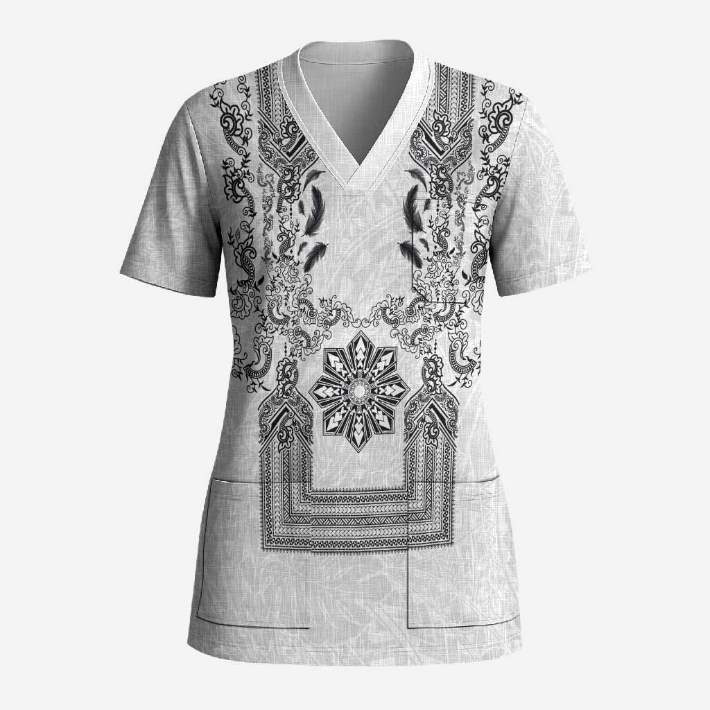 Philippines Barong Style Scrub Top with Polynesian Art and Leaf Motif Black-White Color
