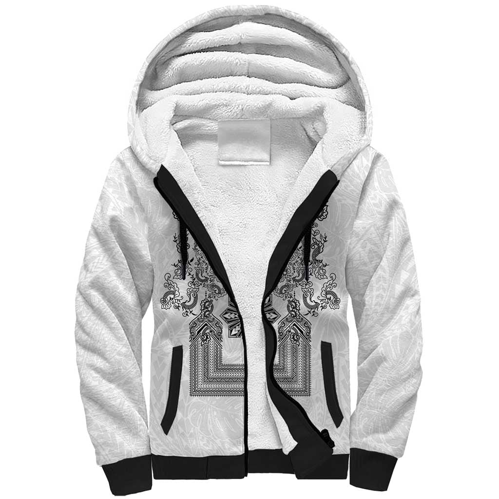 Philippines Barong Style Sherpa Hoodie with Polynesian Art and Leaf Motif Black-White Color