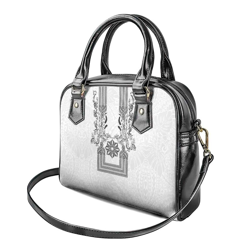 Philippines Barong Style Shoulder Handbag with Polynesian Art and Leaf Motif Black-White Color