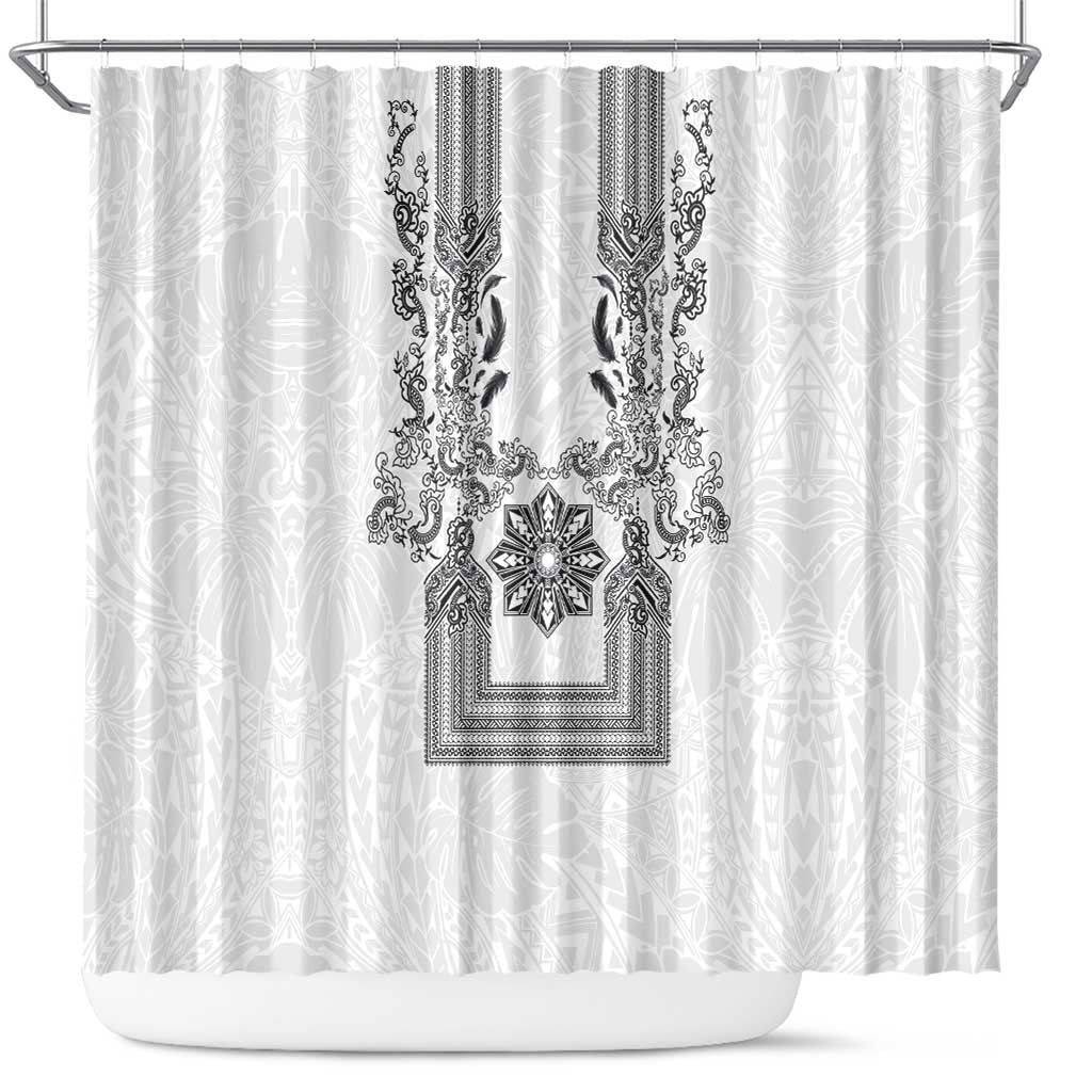 Philippines Barong Style Shower Curtain with Polynesian Art and Leaf Motif Black-White Color