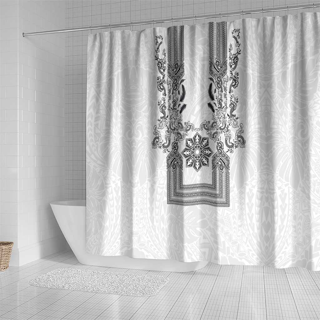 Philippines Barong Style Shower Curtain with Polynesian Art and Leaf Motif Black-White Color