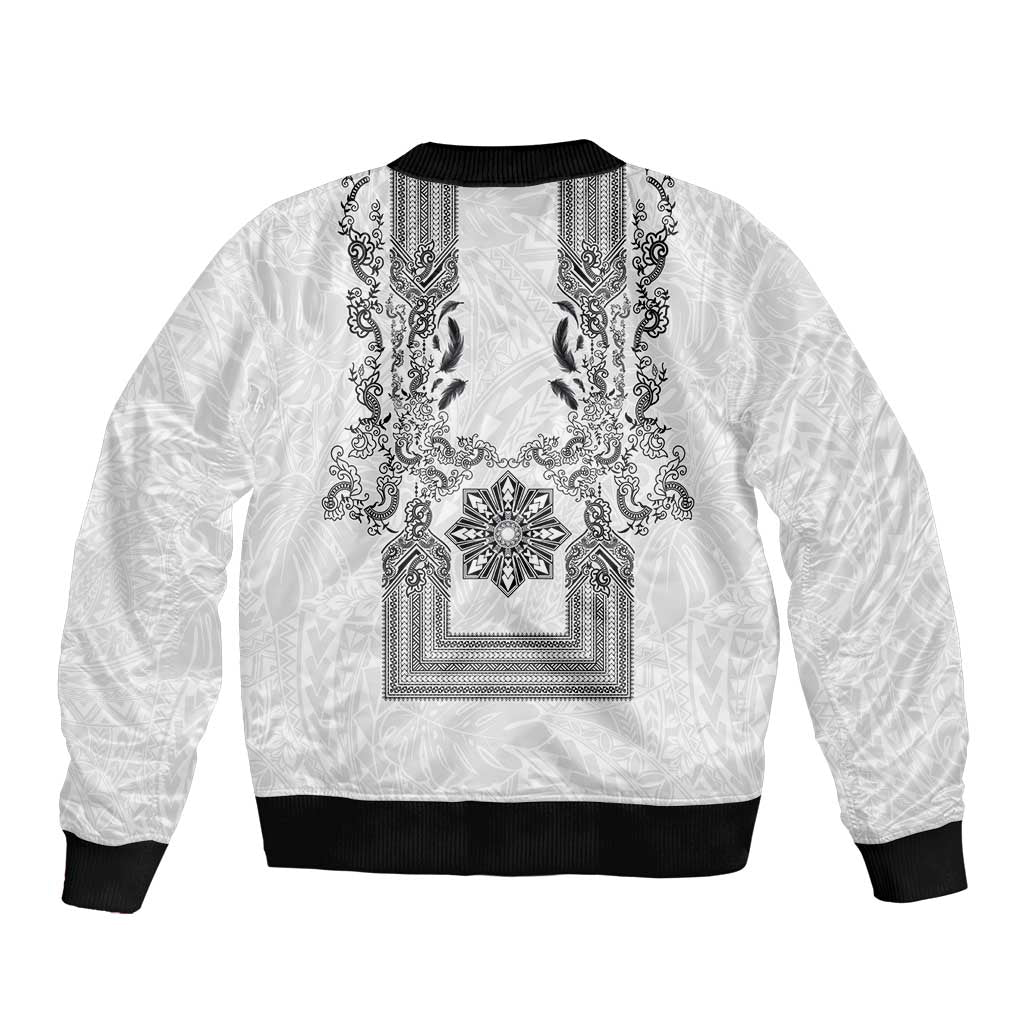 Philippines Barong Style Sleeve Zip Bomber Jacket with Polynesian Art and Leaf Motif Black-White Color
