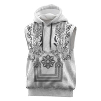 Philippines Barong Style Sleeveless Hoodie with Polynesian Art and Leaf Motif Black-White Color